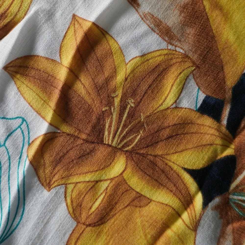 Chico's 100% Rayon Kimono Cardigan L XL 1X 12 14 Mustard Indigo Floral Boho Plus